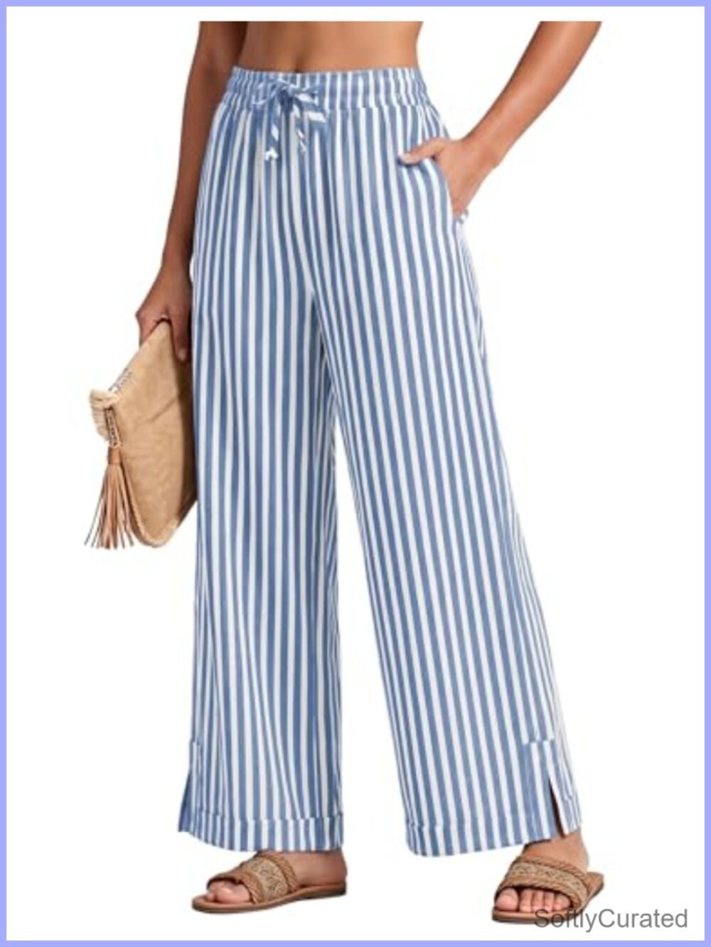 Wide Leg Striped Palazzo Pants Drawstring Elastic Waist Beach Lounge